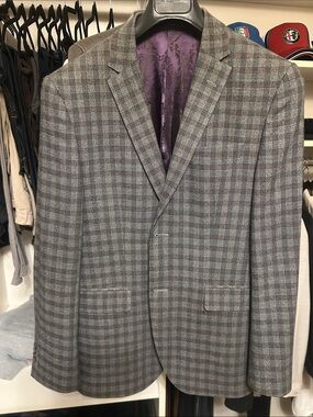Gray Plaid Men's Sport Coat with Purple Lining